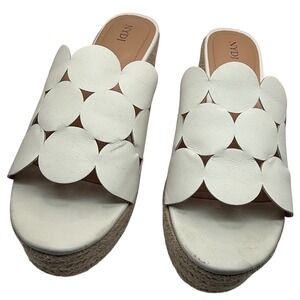 NYDJ Helene White Leather Circle Cutout Espadrille Wedge Sandals Size 9.5M